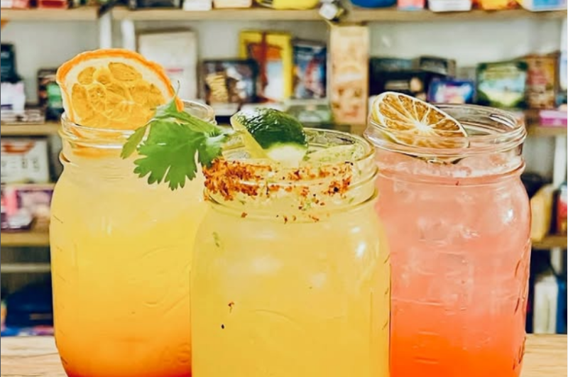 A few of the tasty mocktails offered by Senet Game Bar, with just a small sampling of their board games in the background.