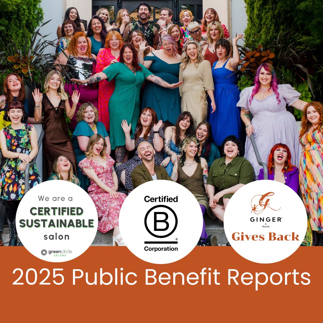 The Ginger & Maude Hair Salon team smiling in a group with text graphic overlays conveying information from the Public Benefit Report.