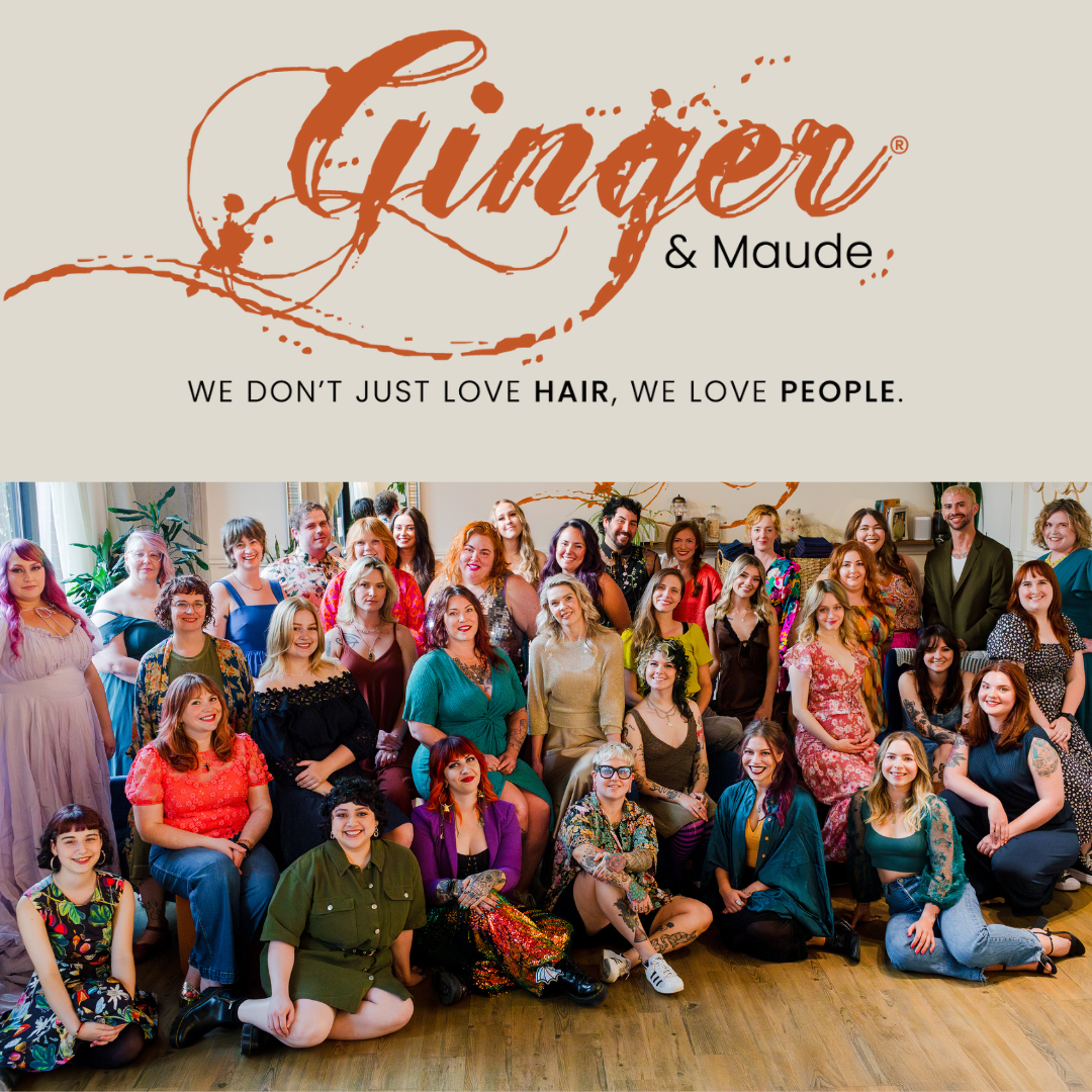Ginger & Maude Hair Salon staff members set beneath a graphic with the Ginger & Maude logo and slogan.